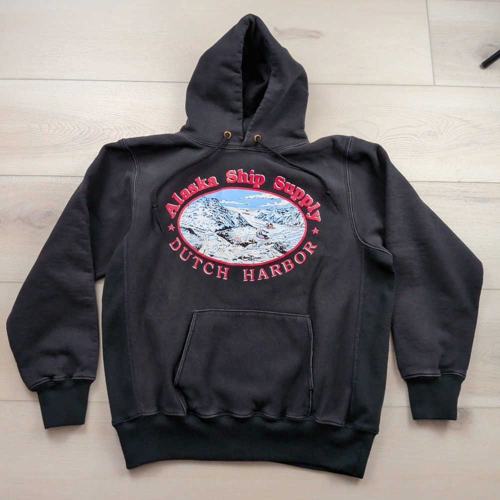Vintage Mt Spokane Knitting Mills Alaska Ship Supply Hoodie XL Black Made in USA